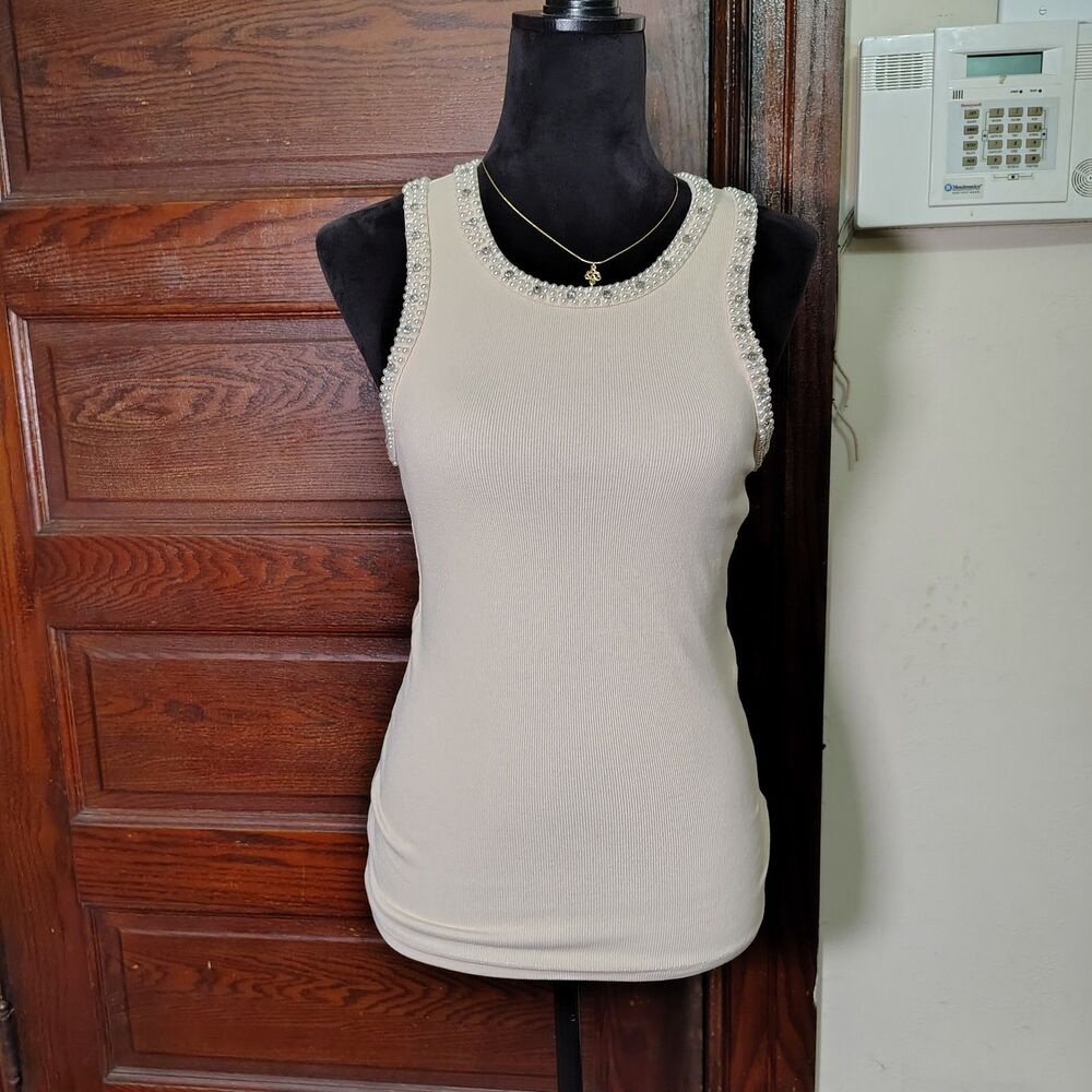 Y2K Inspired Bling Faux Pearl Embellishments Razorback Tank Top Wmns Size M/T640